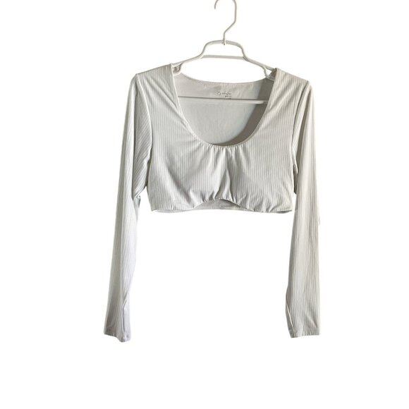 Offline By Aerie Women L White Ribbed Real Me Super Cropped Long Sleeve Bra Top - Picture 2 of 9